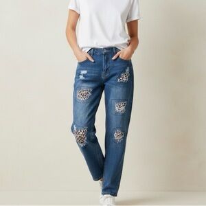 Distressed Leopard Patchwork Jeans High Waist Funky Pink Purple Stitching Medium